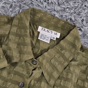 Tracy M Womens Medium Green Striped Silk Long Sleeve Button Front Shirt